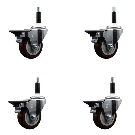 Service Caster 3.5'' Maroon Poly Swivel 7/8'' Expanding Stem Caster Set with Brake, 4PK SCC-EX20S3514-PPUB-MRN-PLB-78-4